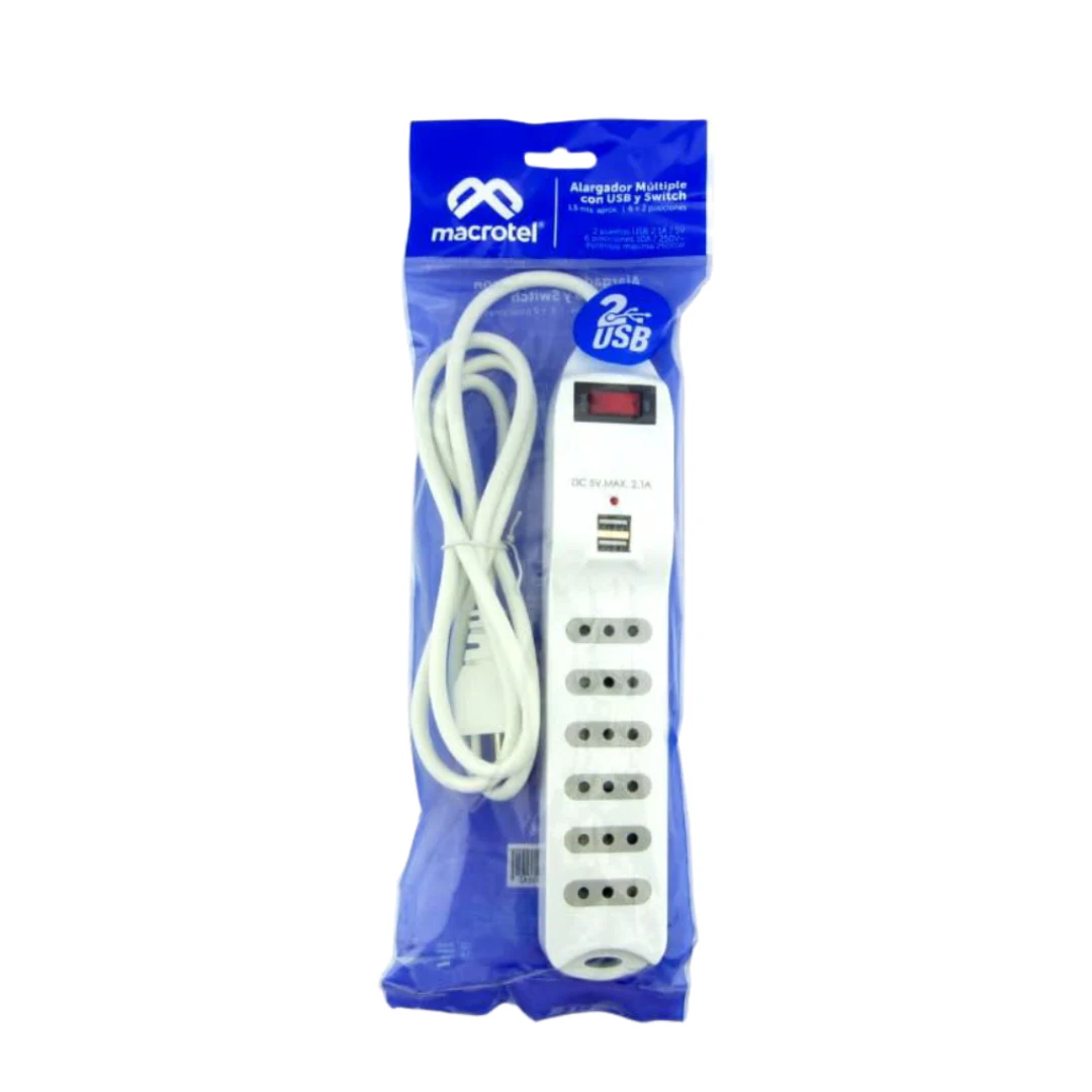 Alargador Macrotel Con Switch 6 Posiciones + 2 Usb 1.5mt. increible