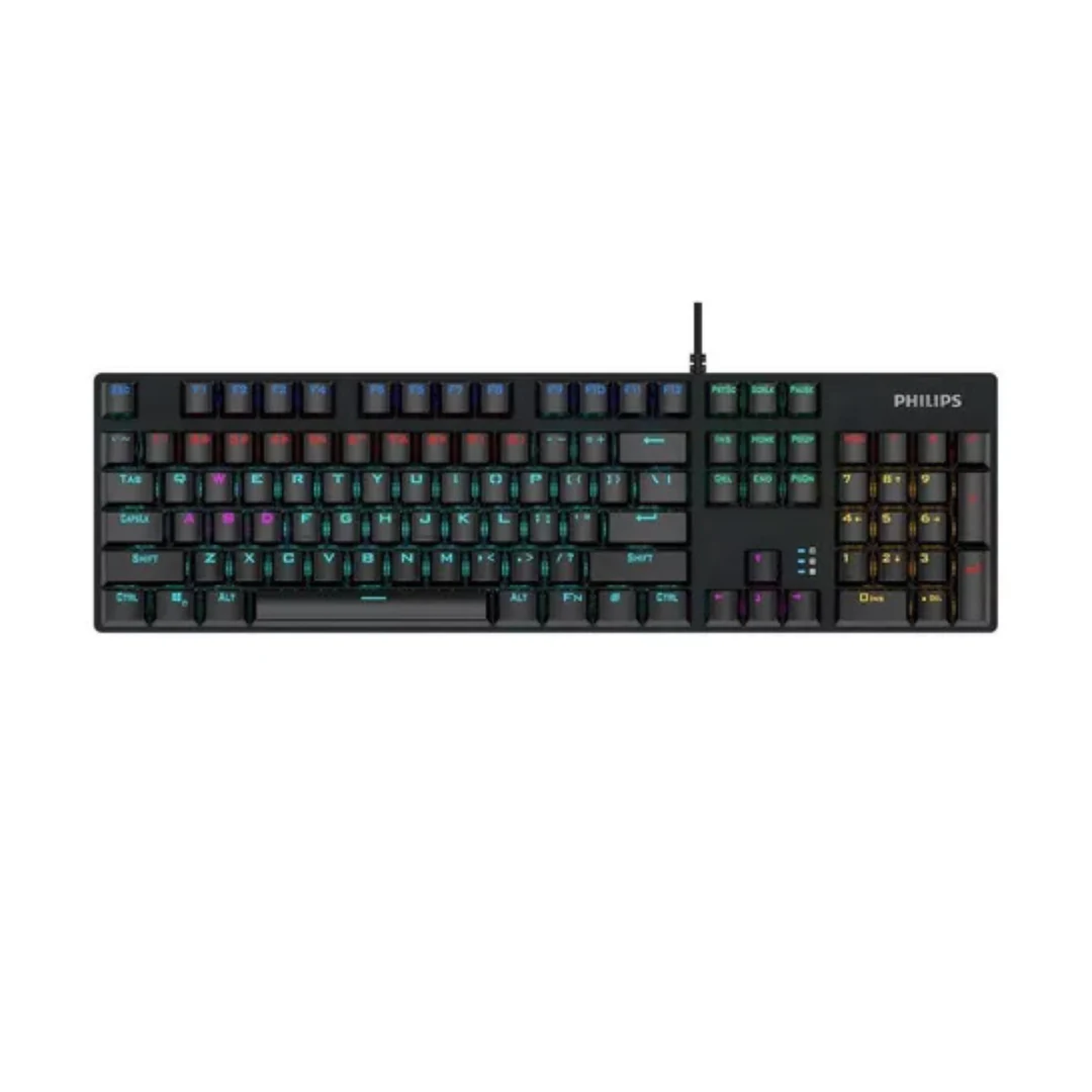 Teclado Gamer Philips Qwerty Cyan Blue Inglés Us Color Negro Con Luz Rainbow. increible