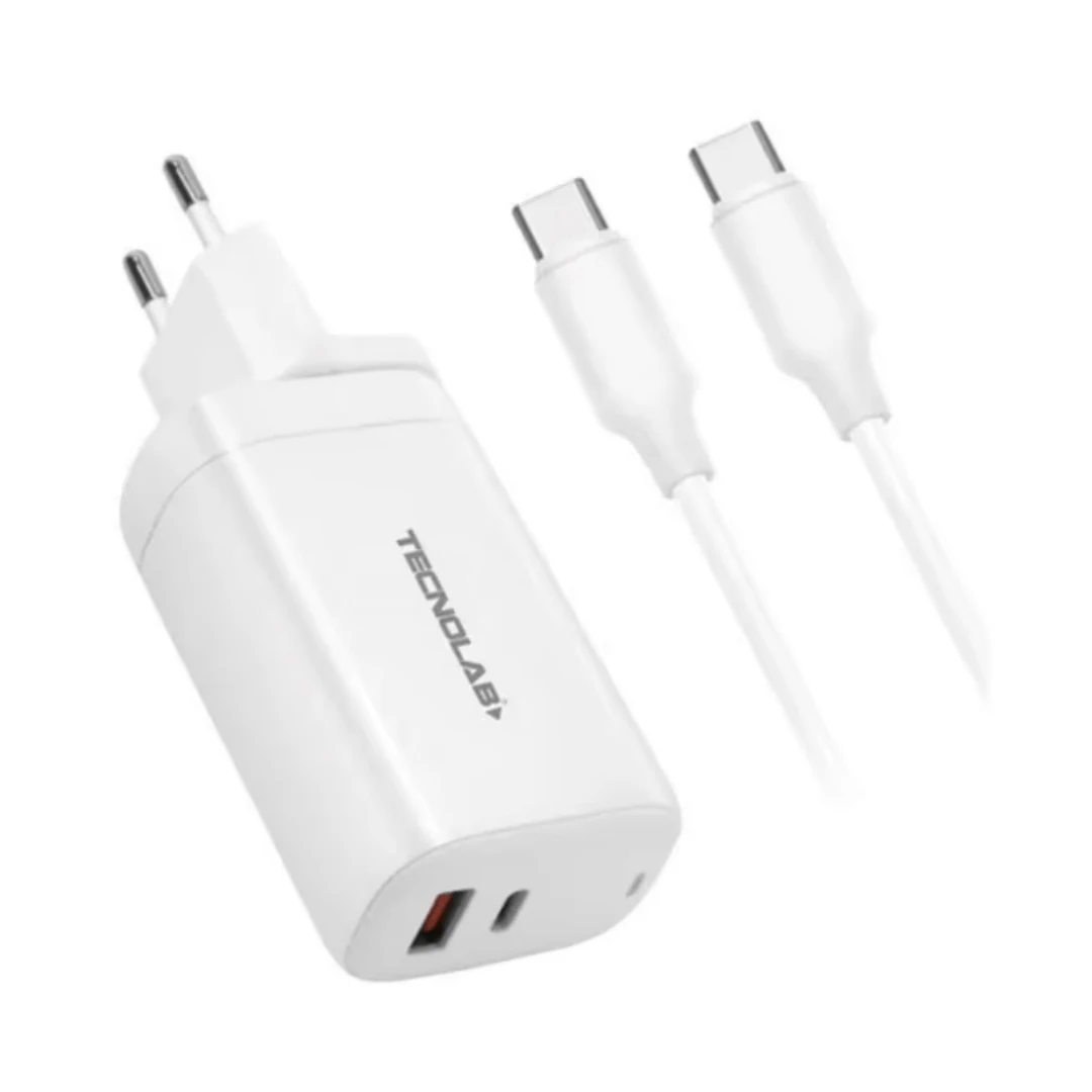CARGADOR USB TECNOLAB USB CARGA RAPIDA + CABLE TIPO C A LIGHTNING BLANCO